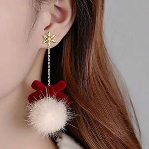 Holiday Christmas Vegan Fur Tassel Drop Snowflake Red Velvet Bow Earrings